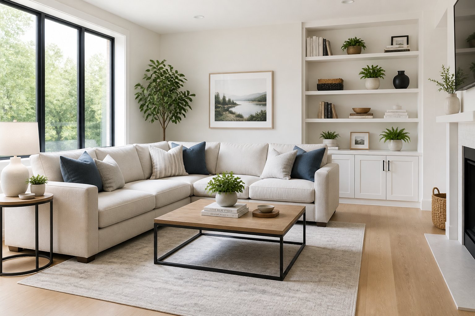 A bright living room with neatly arranged furniture, organized shelves, and natural light streaming through large windows.