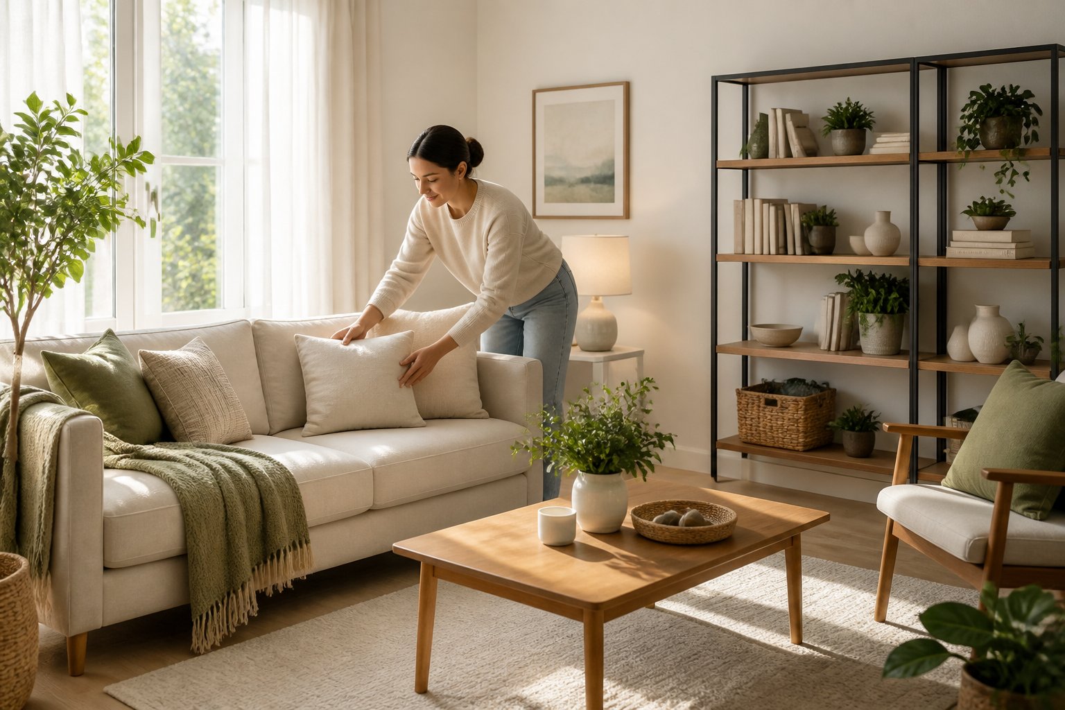 A tidy living room with neatly arranged furniture and a person adjusting a throw blanket, creating a calm and orderly atmosphere.