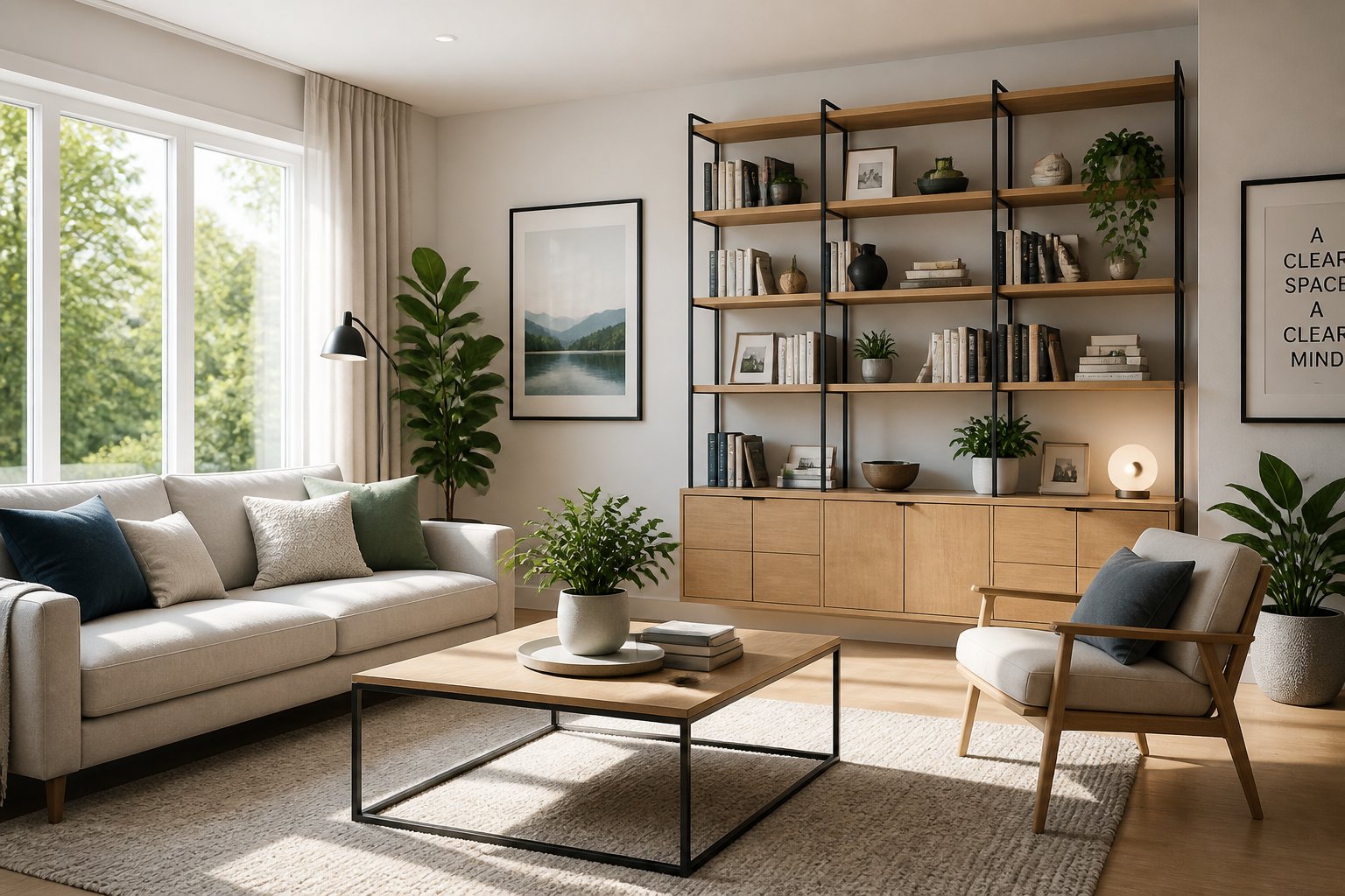 A bright, tidy living room with organized bookshelves, a clean coffee table, and a couch with arranged cushions, illuminated by natural light.