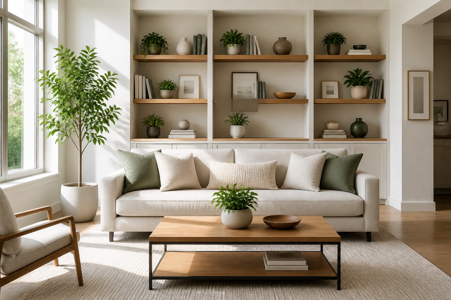 A bright living room with neatly arranged shelves, a tidy coffee table, and a sofa with aligned cushions, bathed in natural sunlight.