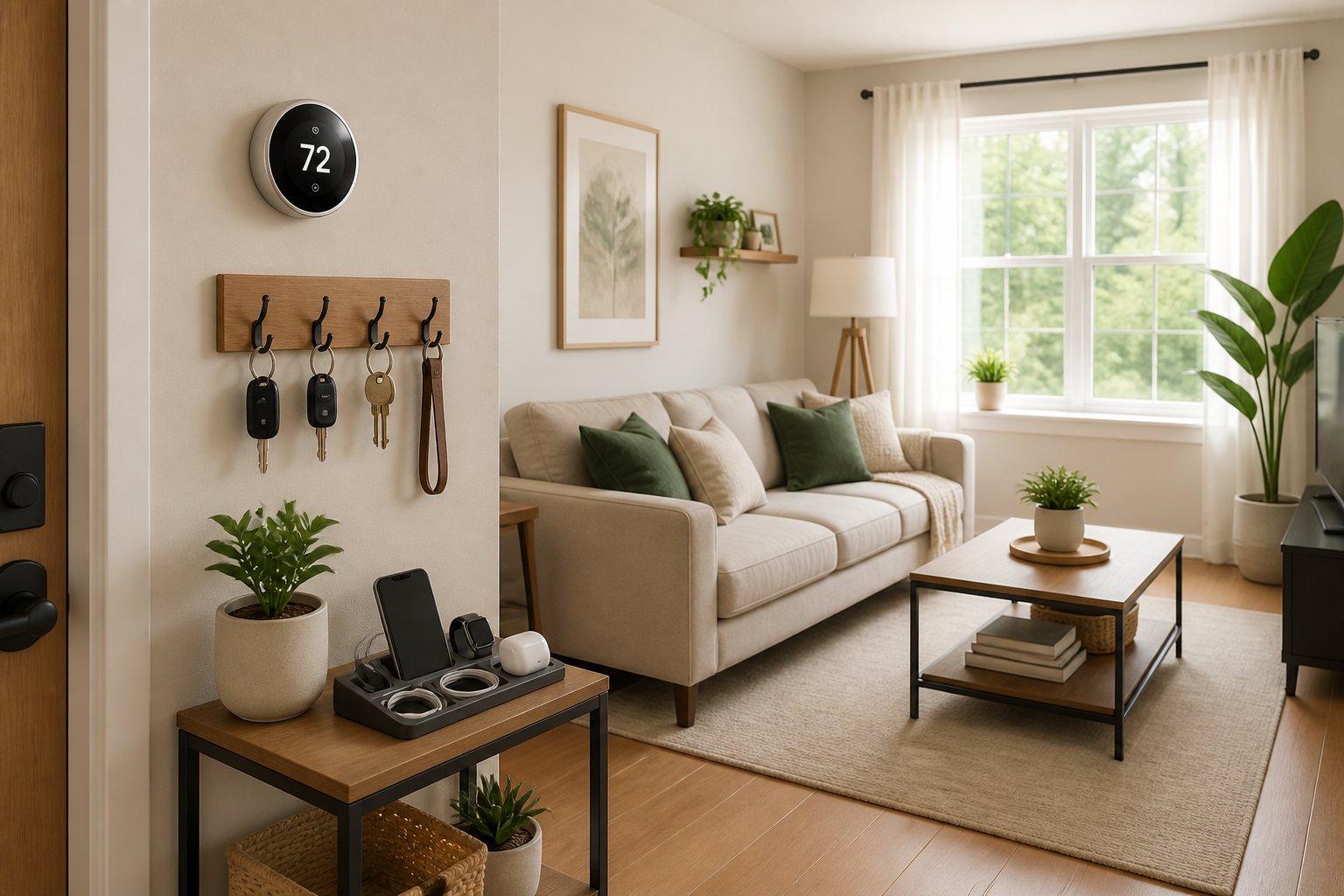 A tidy living room with a smart thermostat, organized key holder, charging station, and potted plants near large windows.