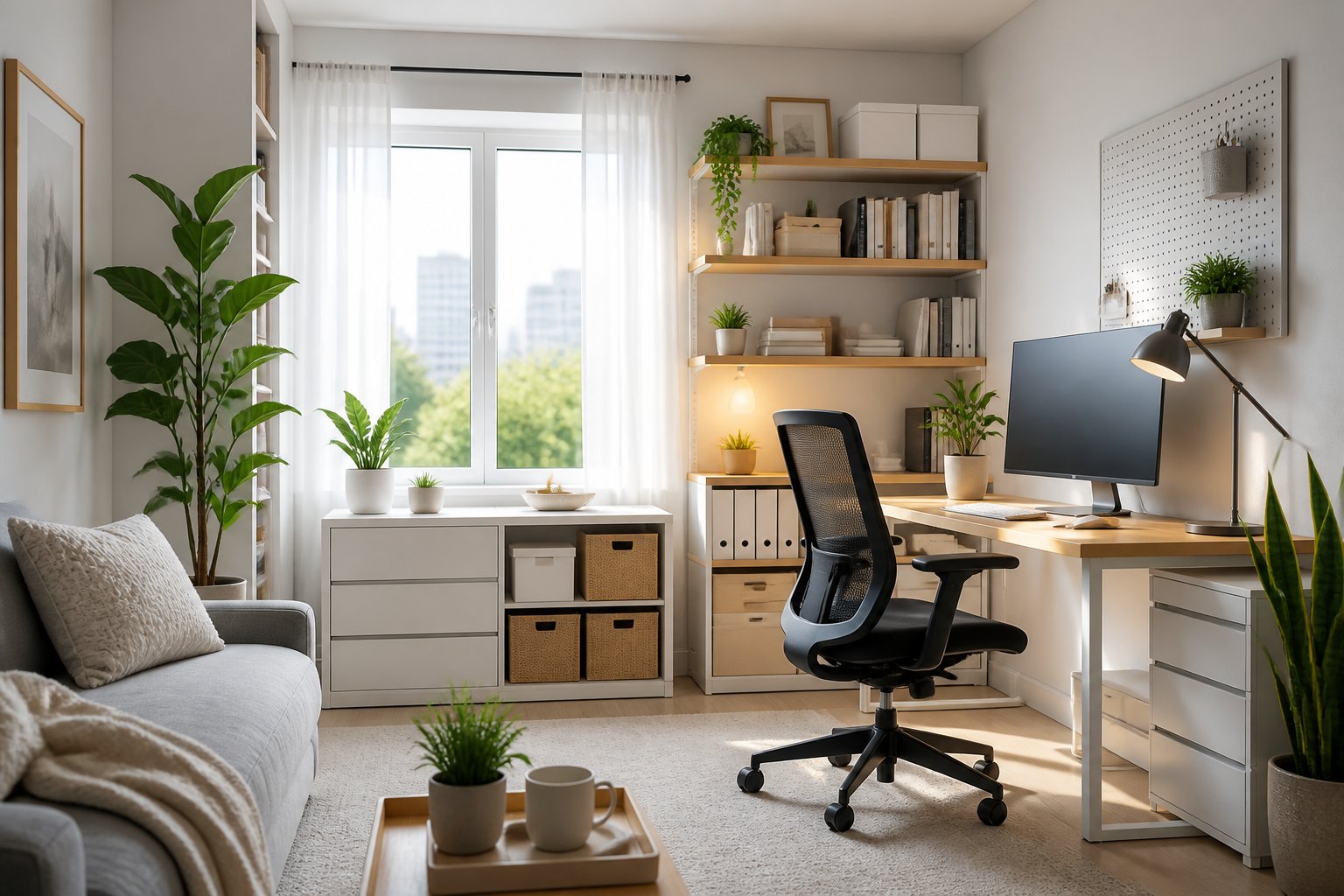 A small, tidy living space with a clean desk, organized shelves, plants, and natural light coming through large windows.