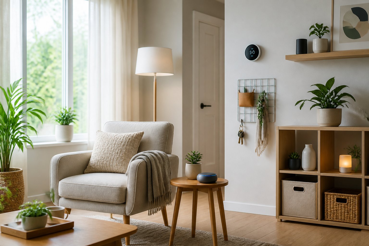 A bright, organized living space with modern furniture, plants, and smart home devices, creating a calm and empowering atmosphere.