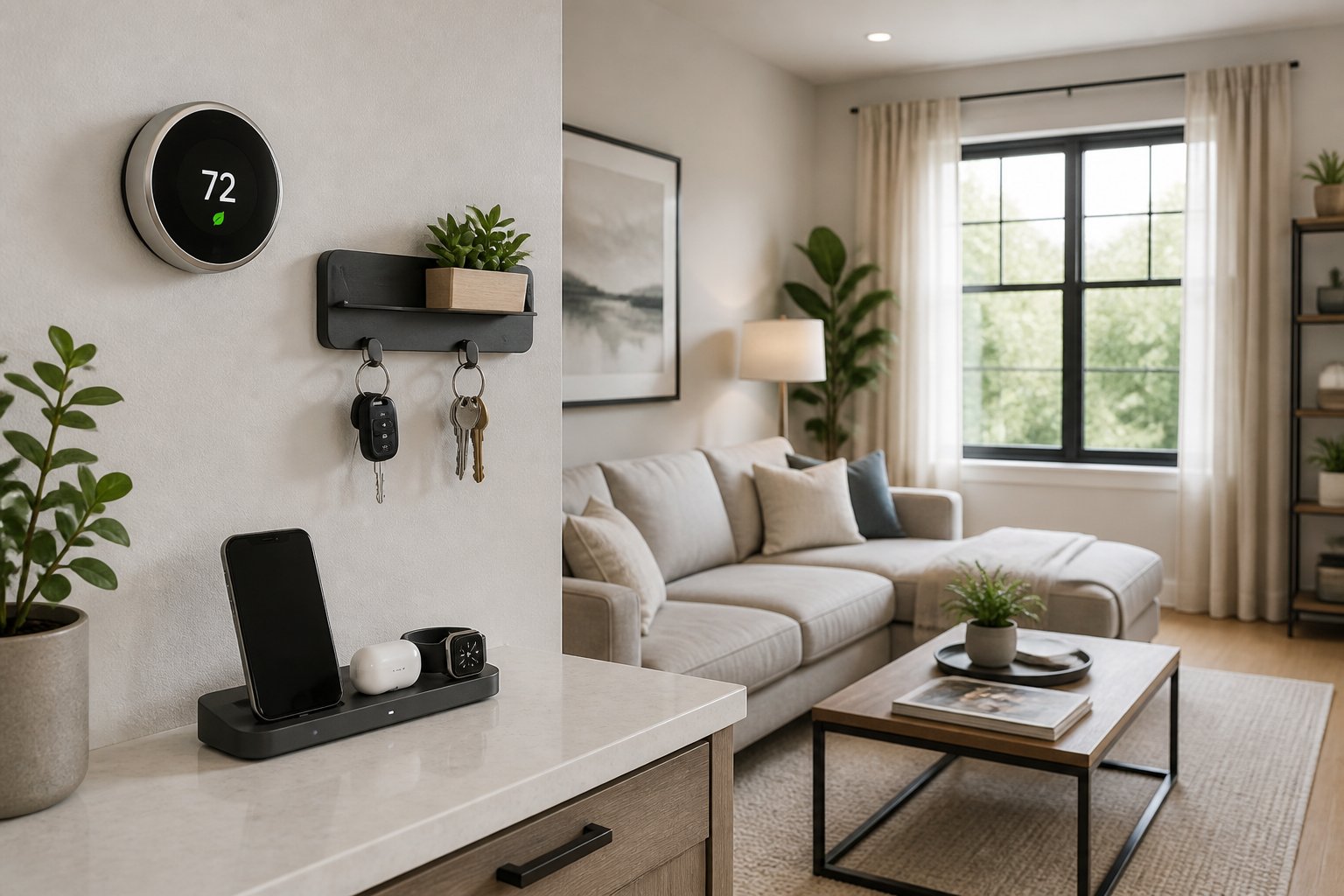 A modern living room with a smart thermostat, wall-mounted key holder, and a tidy countertop with a device charging station, bathed in natural light.