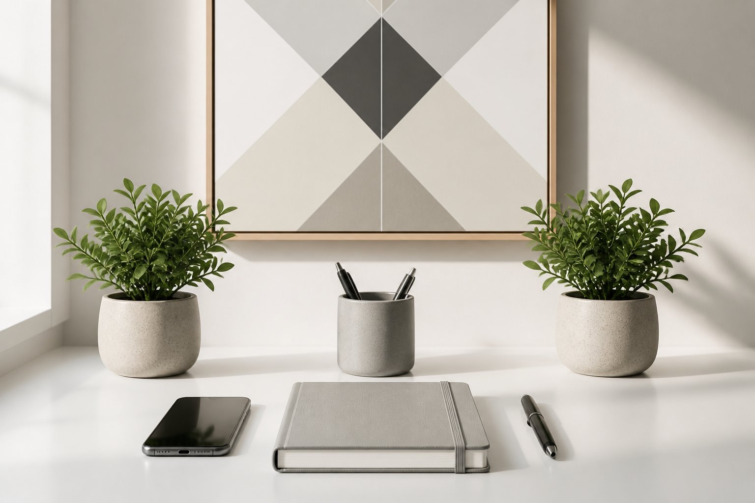 A clean desk with neatly arranged objects including a notebook, pen, smartphone, and plant, all symmetrically placed to show order and balance.