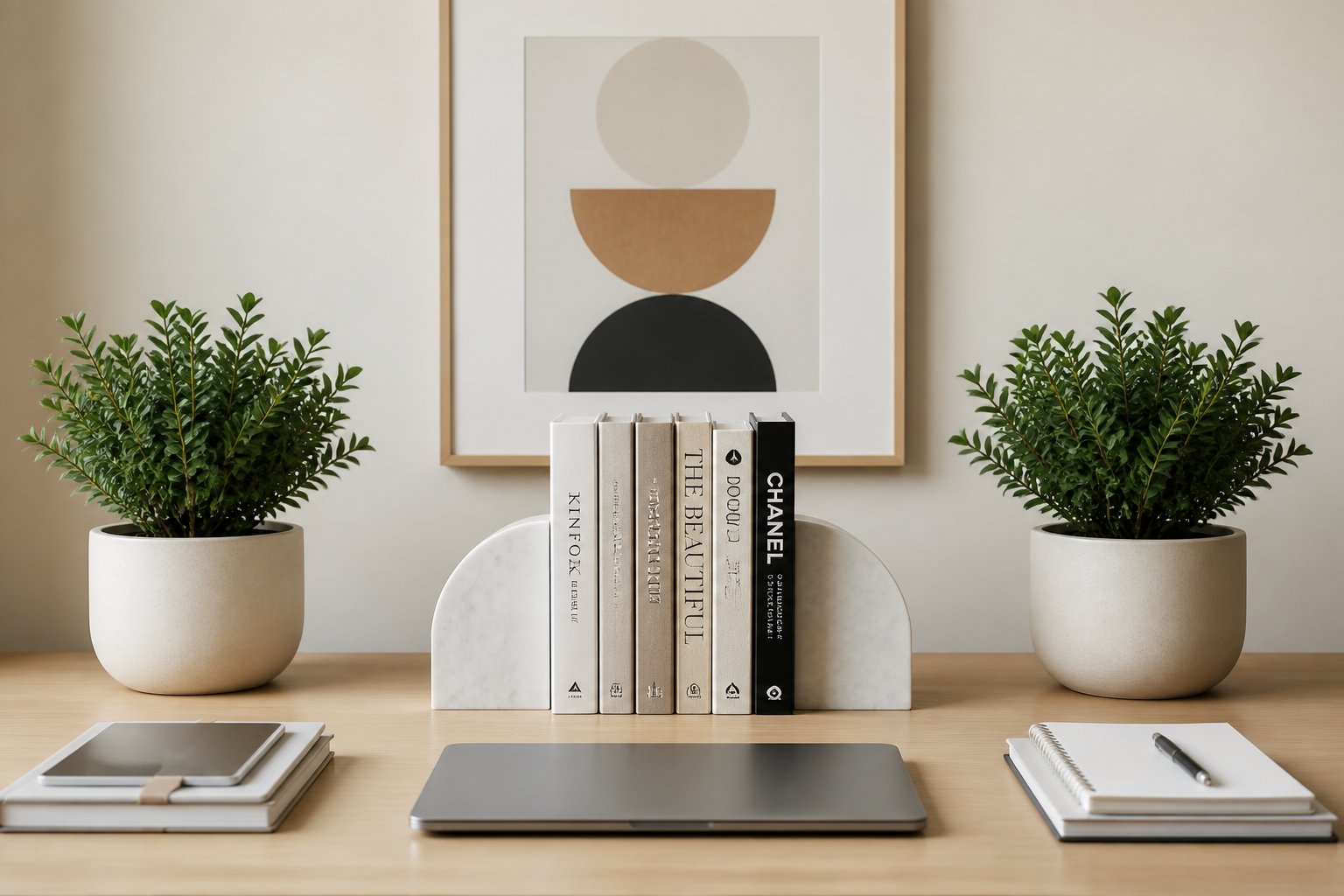 A tidy workspace with neatly arranged books, symmetrical plants, and balanced geometric objects on a desk.