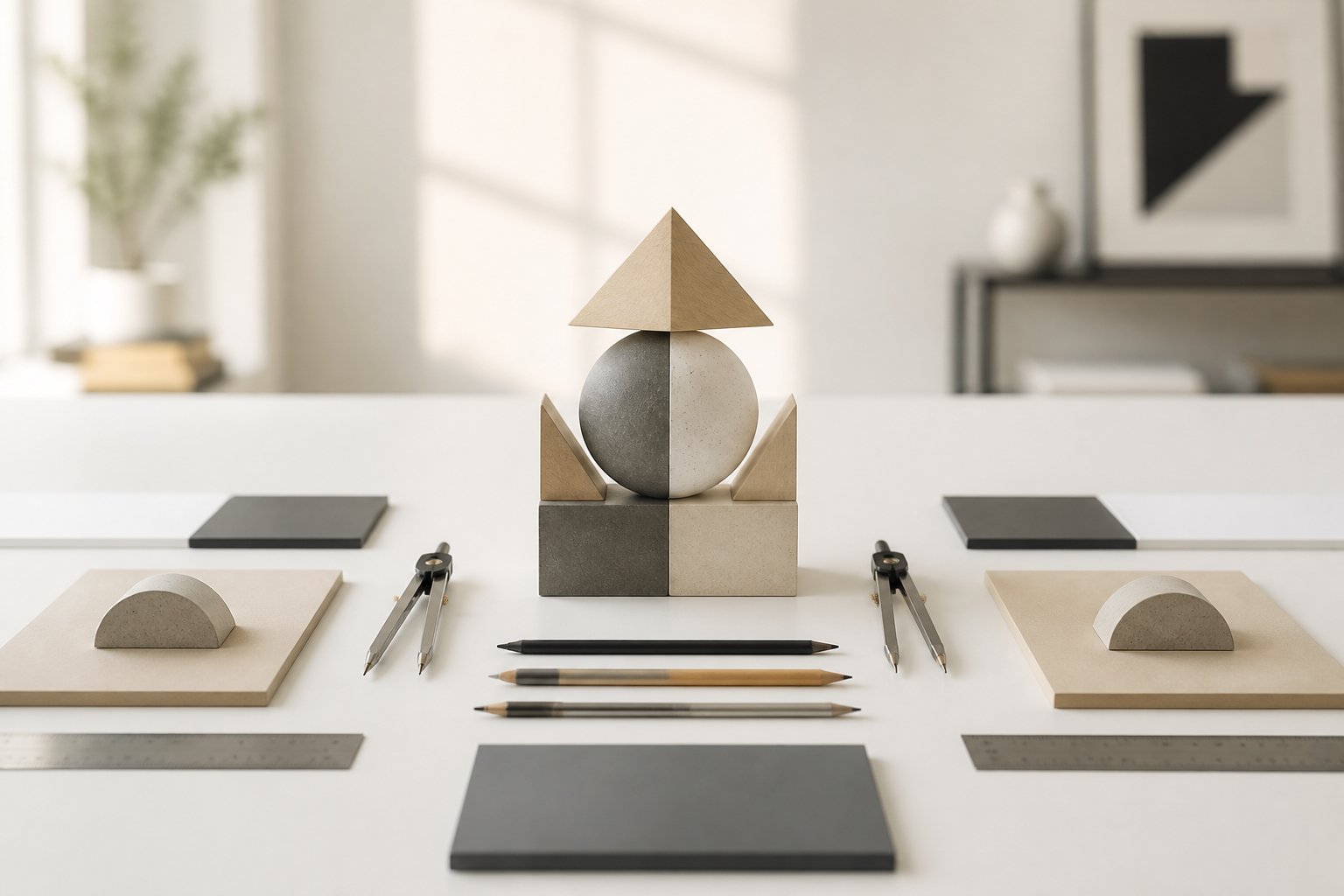 A symmetrical arrangement of geometric sculpture and design tools on a white surface, illuminated by soft natural light.