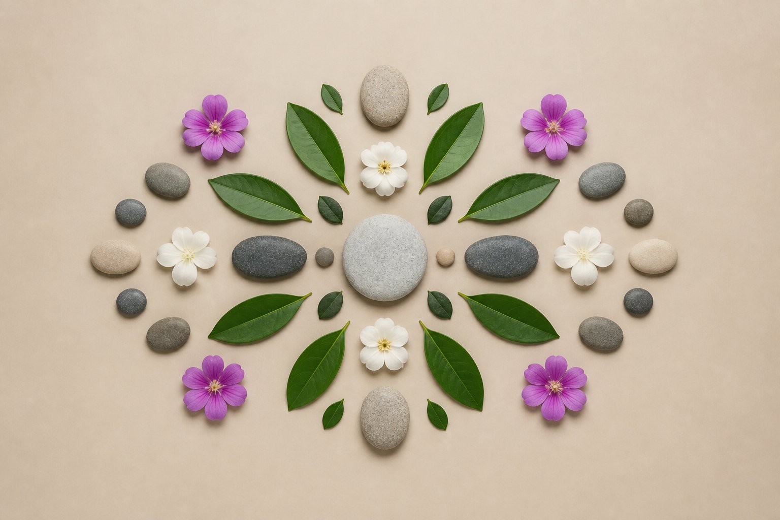 A simple, balanced arrangement of stones, leaves, and flowers on a neutral background.