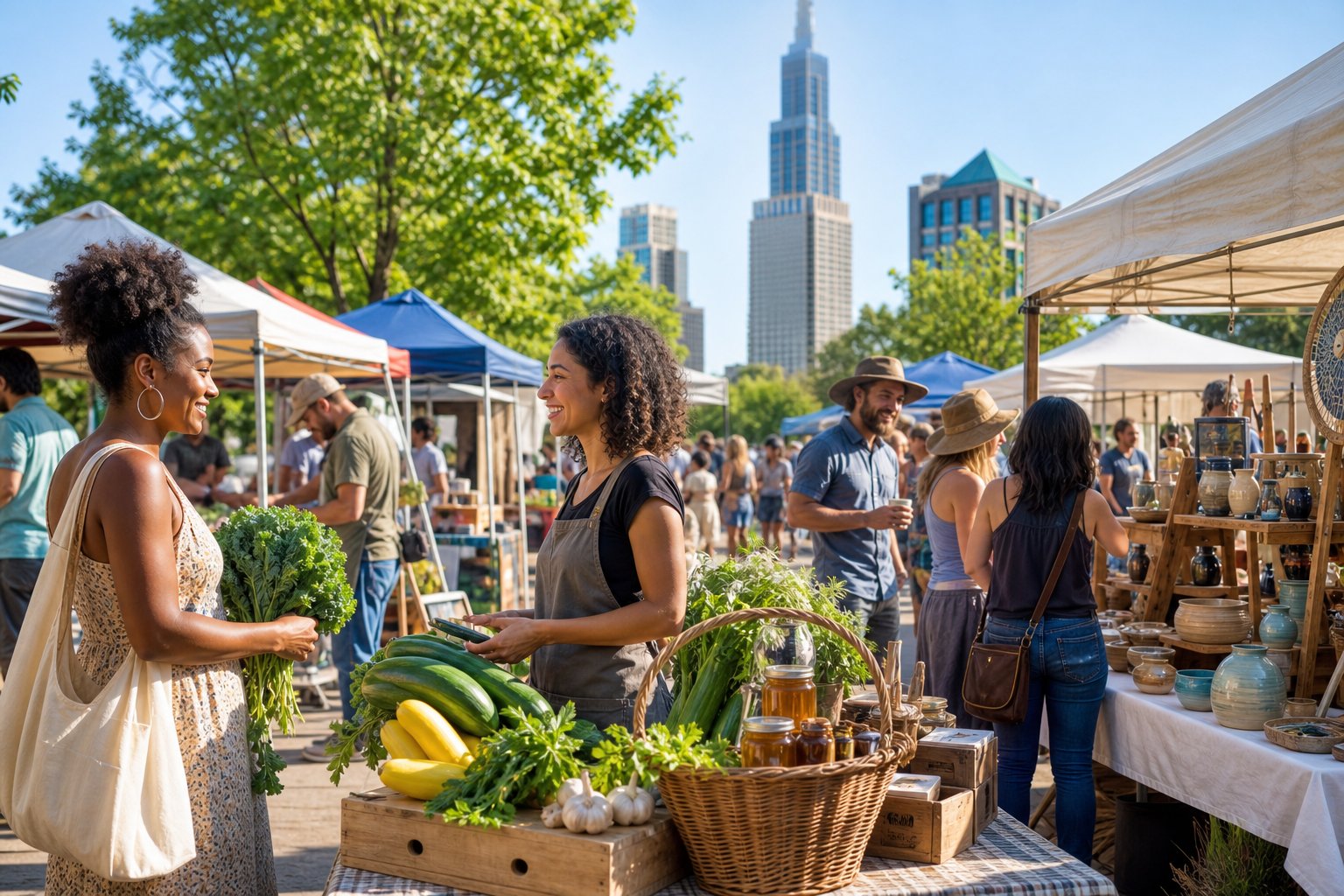 Local farmers and artisans at an outdoor market in Tulsa displaying fresh produce and handmade goods, interacting with customers.