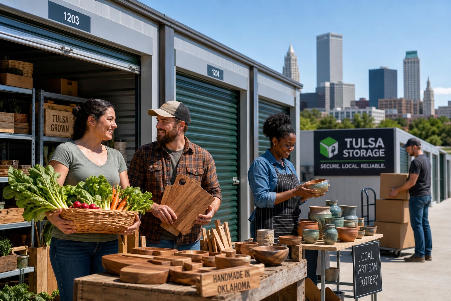 A group of local farmers and artisans standing near open storage units filled with boxes and handmade goods under a clear sky.