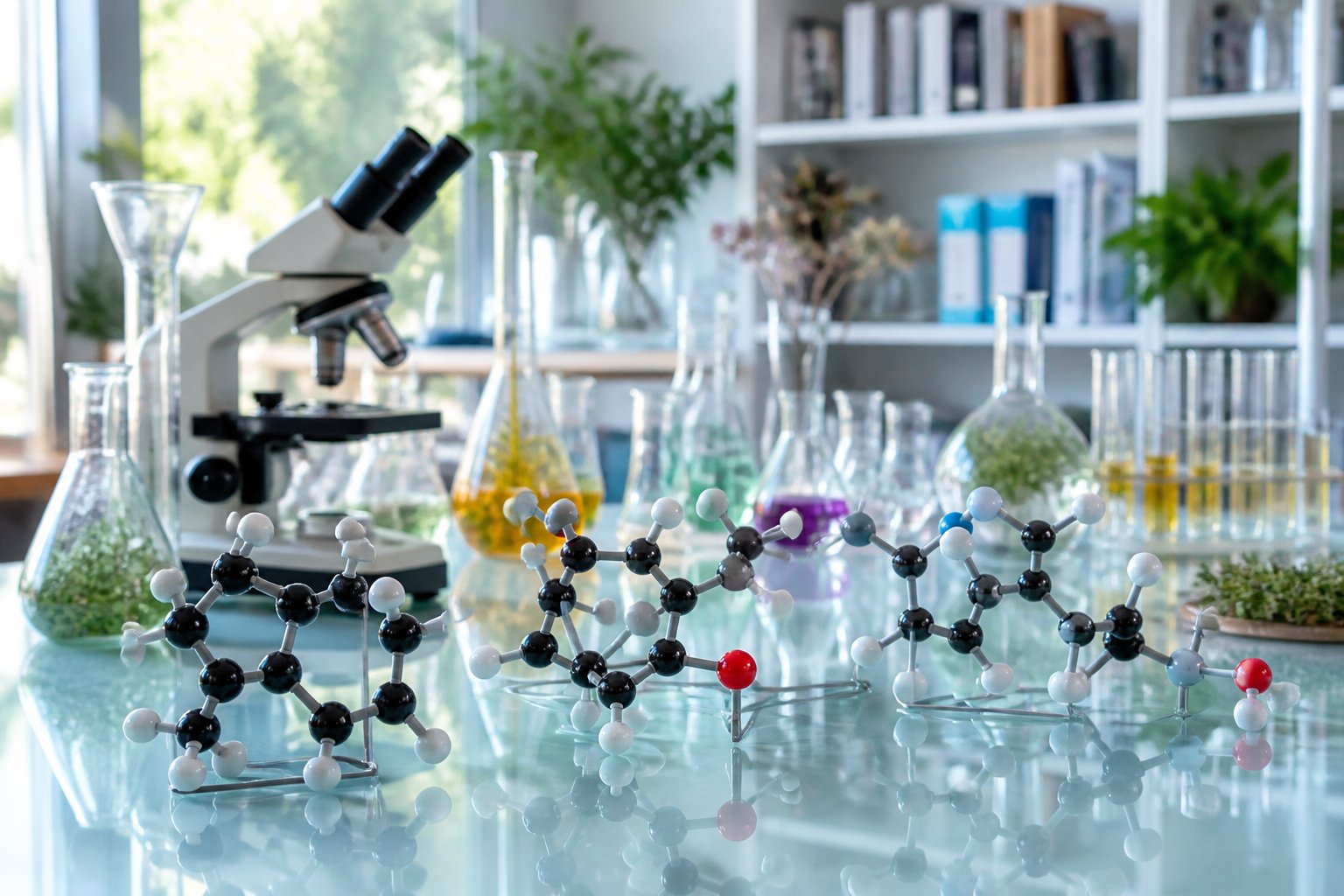 Qué son los terpenos 10 Modelo molecular colorido de terpenos sobre una mesa de laboratorio con equipo científico y muestras de plantas al fondo.