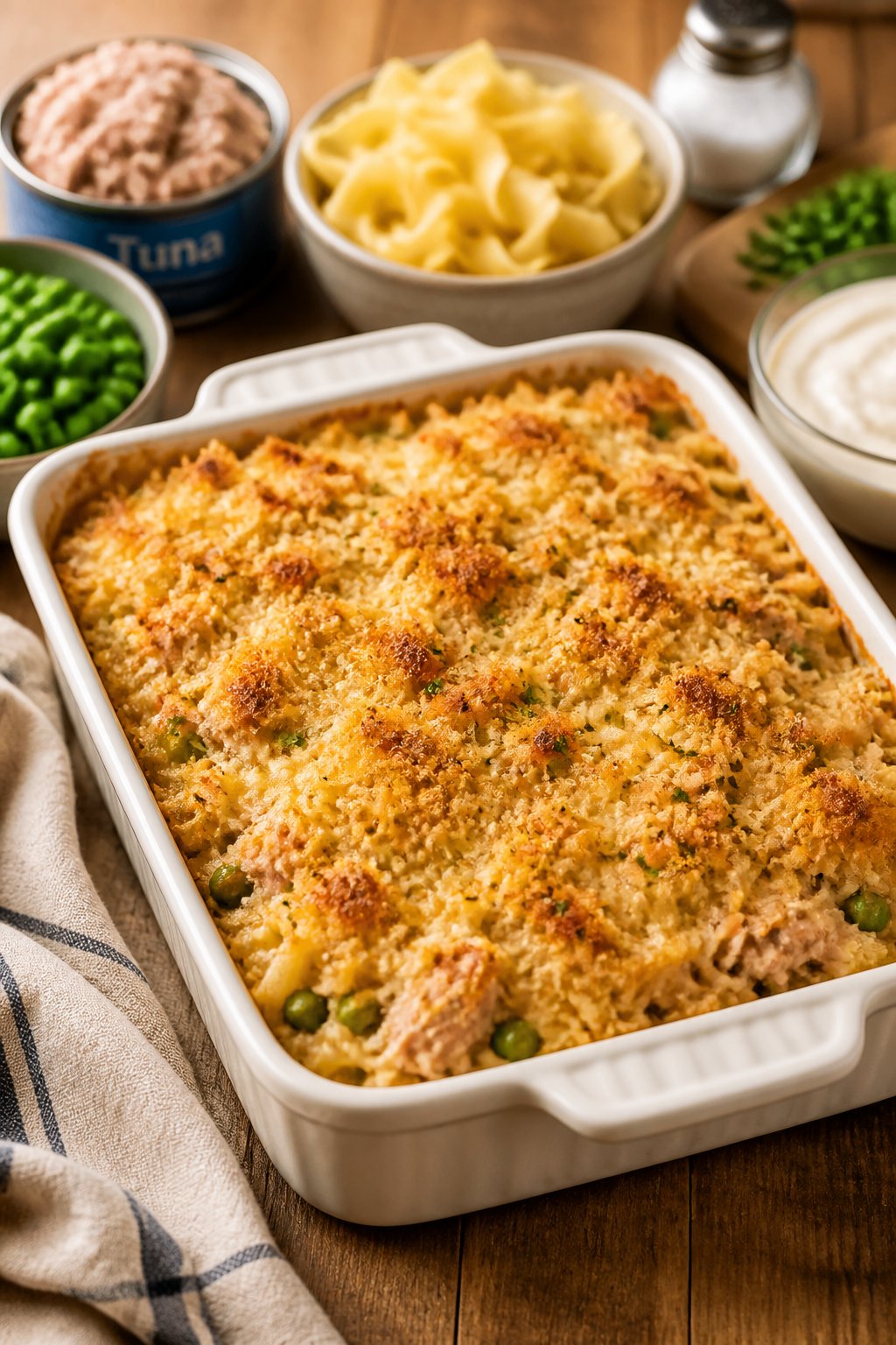 25 Tuna Noodle Casseroles for Busy Weeknights 2 A freshly baked tuna noodle casserole in a ceramic dish on a wooden table with ingredients in the background.