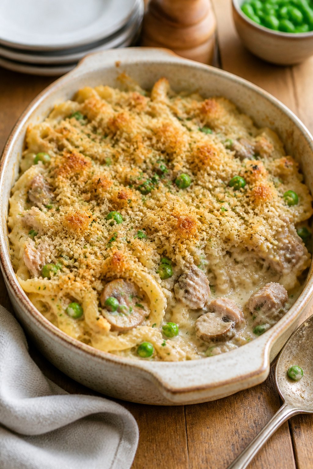 25 Tuna Noodle Casseroles for Busy Weeknights 3 A baked tuna noodle casserole with egg noodles, cream sauce, and peas in a ceramic dish on a wooden table.
