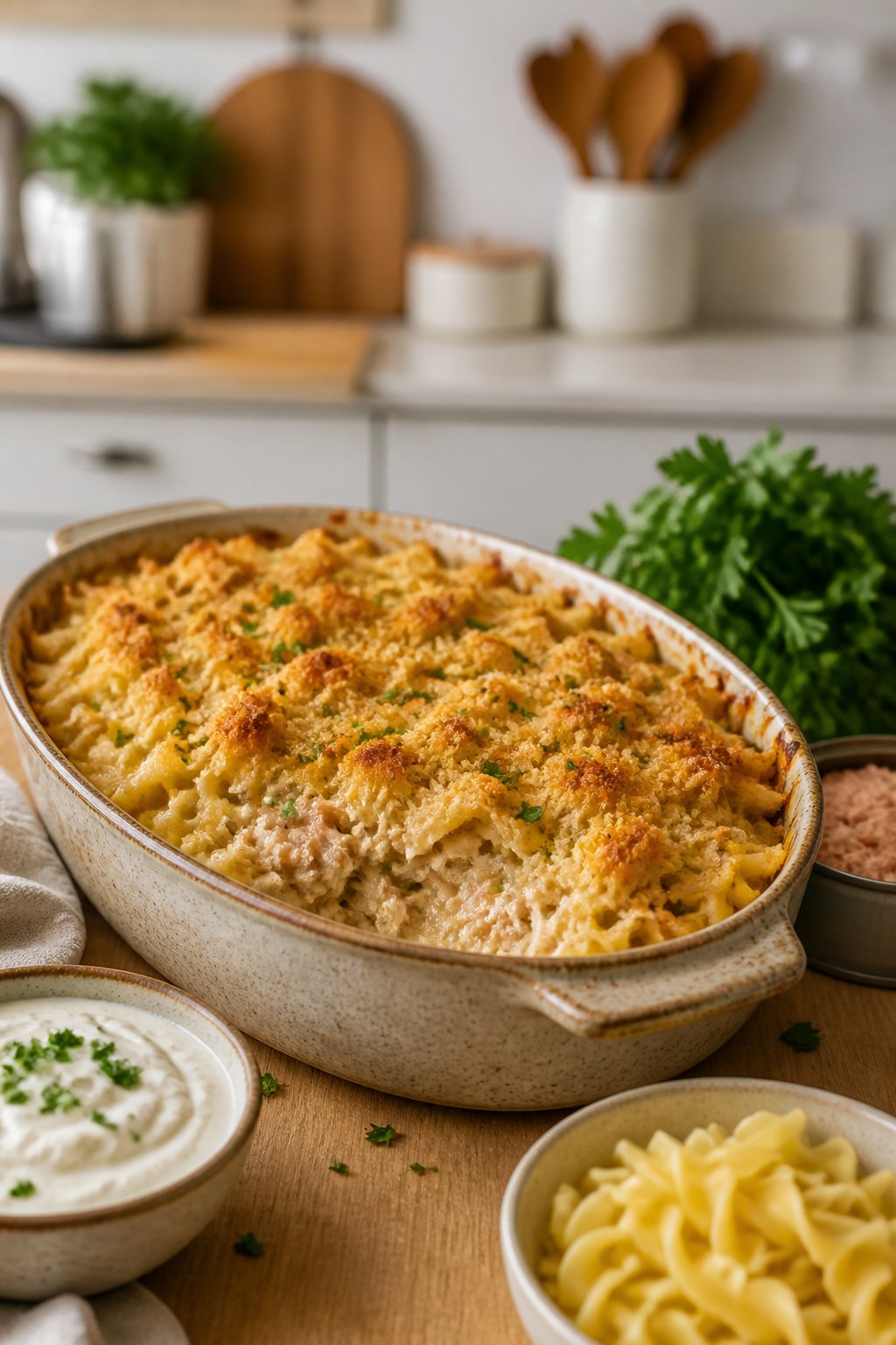25 Tuna Noodle Casseroles for Busy Weeknights 4 A baked tuna noodle casserole in a ceramic dish on a wooden table with a bowl of Greek yogurt sauce and fresh herbs nearby.