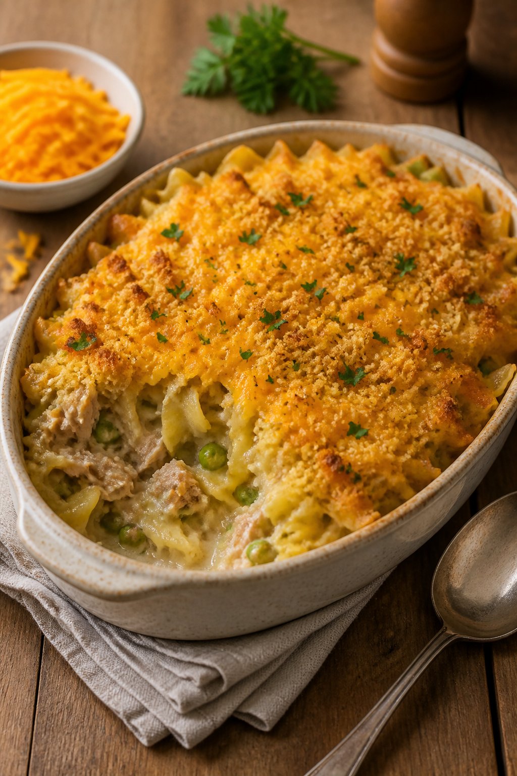 25 Tuna Noodle Casseroles for Busy Weeknights 5 A baked tuna noodle casserole with melted cheddar cheese and crispy breadcrumb topping in a ceramic dish on a wooden table.
