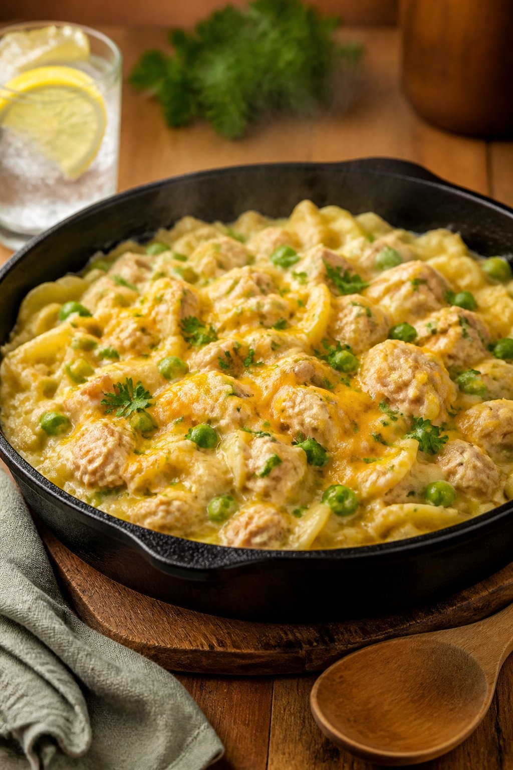 25 Tuna Noodle Casseroles for Busy Weeknights 6 A skillet filled with tuna noodle casserole garnished with parsley on a wooden table, with a spoon and glass of water nearby.