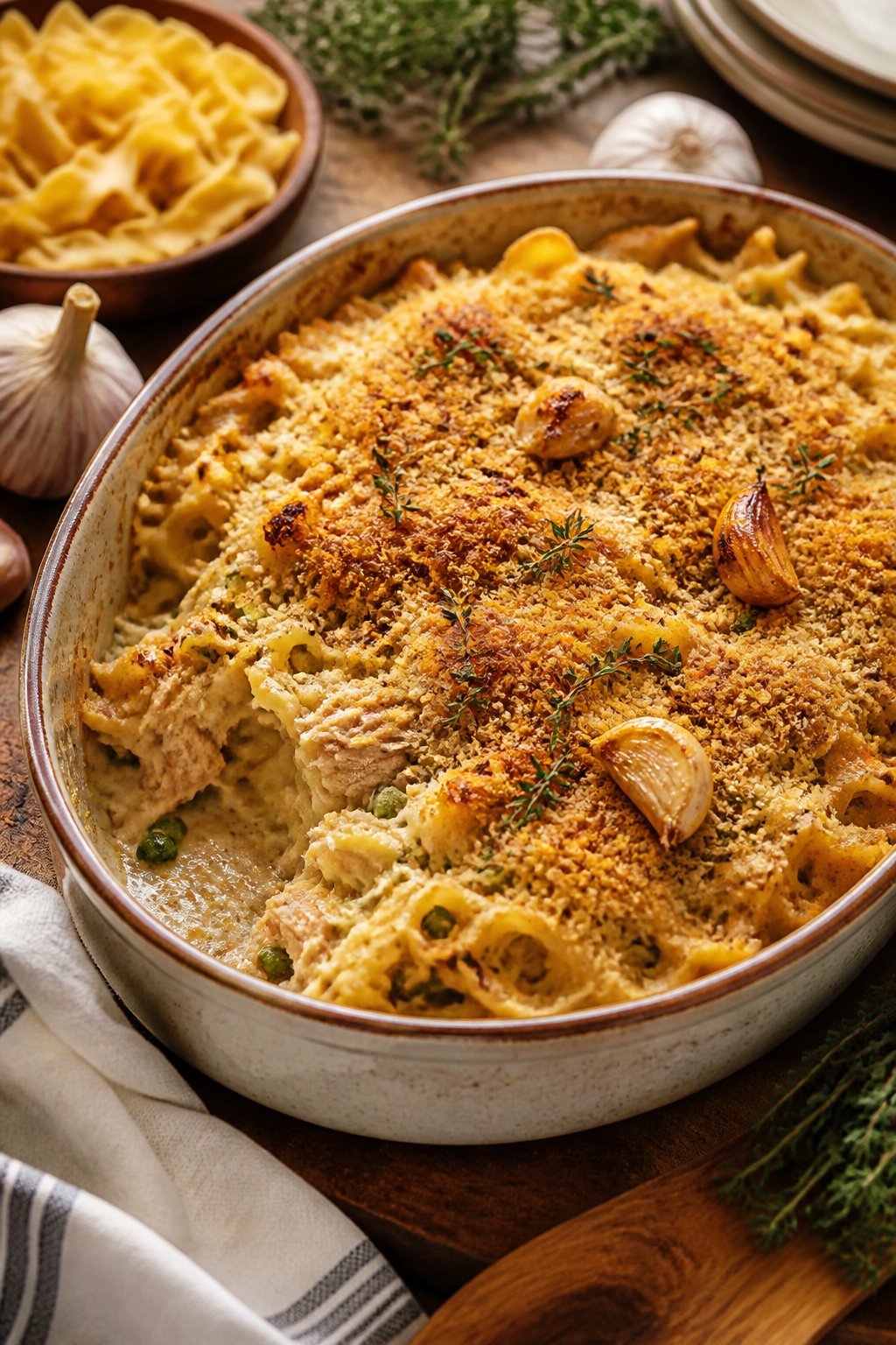 25 Tuna Noodle Casseroles for Busy Weeknights 7 A baked tuna noodle casserole in a ceramic dish garnished with thyme and roasted garlic on a wooden table.