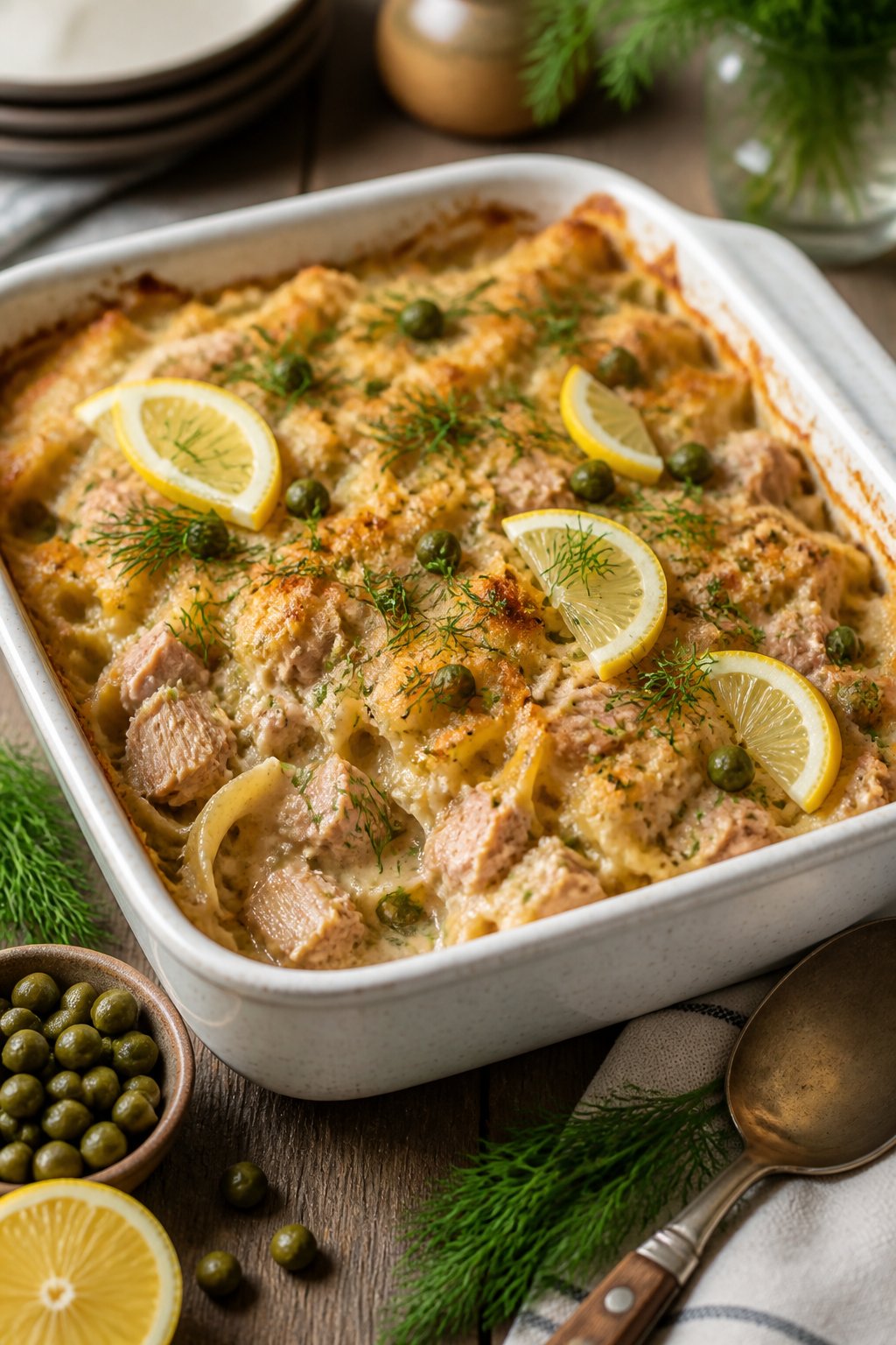 25 Tuna Noodle Casseroles for Busy Weeknights 8 A baked tuna noodle casserole garnished with lemon slices, dill, and capers on a wooden table.