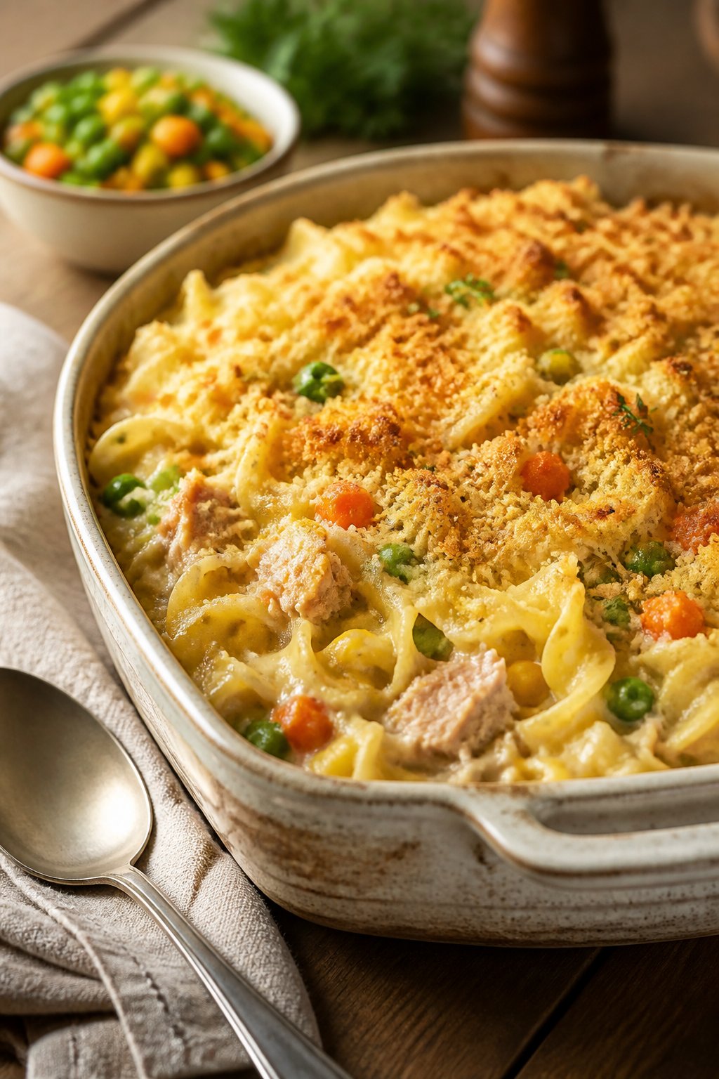 25 Tuna Noodle Casseroles for Busy Weeknights 9 A creamy tuna noodle casserole with mixed vegetables in a ceramic dish on a wooden table.