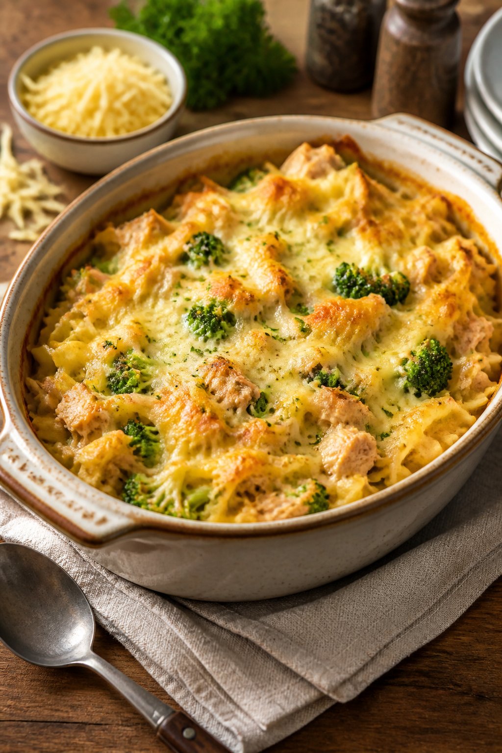 25 Tuna Noodle Casseroles for Busy Weeknights 10 A baked tuna noodle casserole with broccoli and melted white cheddar cheese in a ceramic dish on a wooden table.