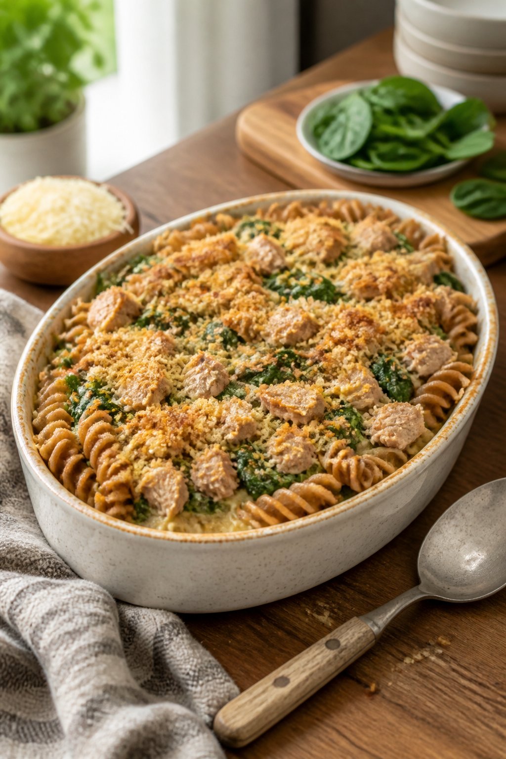 25 Tuna Noodle Casseroles for Busy Weeknights 11 A baked tuna noodle casserole with whole wheat pasta and spinach in a ceramic dish on a wooden table.