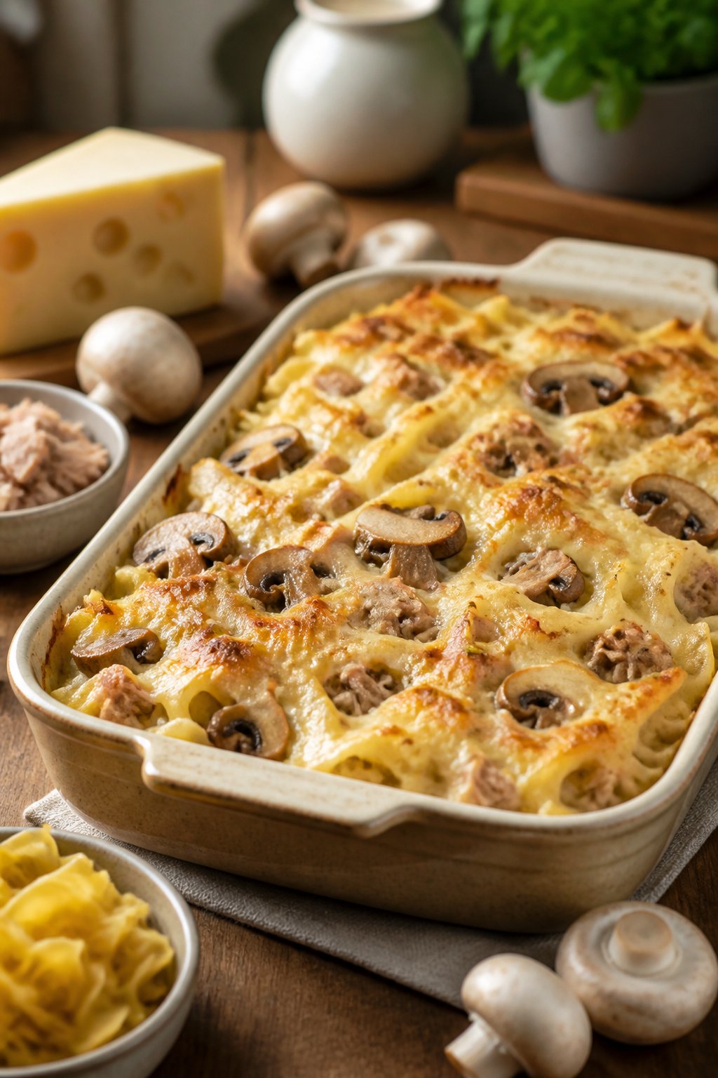 25 Tuna Noodle Casseroles for Busy Weeknights 12 A baked tuna noodle casserole with melted Swiss cheese and mushrooms in a ceramic dish on a wooden table with fresh ingredients nearby.