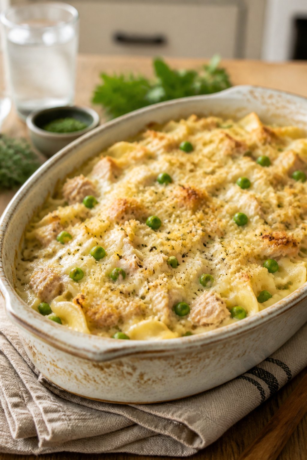 25 Tuna Noodle Casseroles for Busy Weeknights 13 A baked tuna noodle casserole with creamy sauce and peas in a ceramic dish on a wooden table.