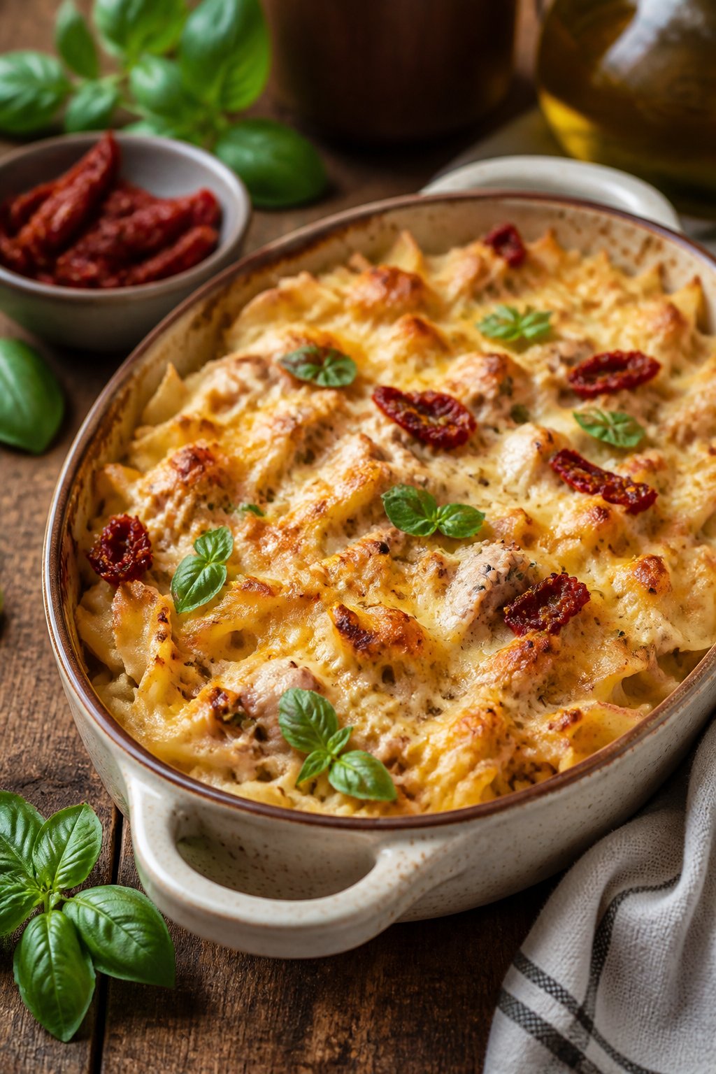 25 Tuna Noodle Casseroles for Busy Weeknights 14 A baked tuna noodle casserole with sun-dried tomatoes and basil in a ceramic dish on a wooden table.