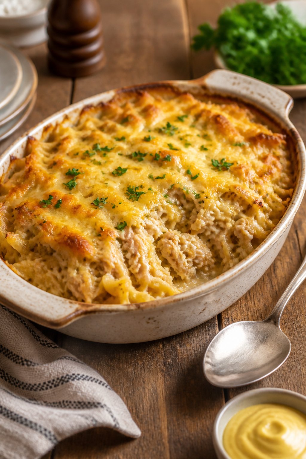 25 Tuna Noodle Casseroles for Busy Weeknights 15 A baked tuna noodle casserole topped with melted cheese and garnished with parsley on a wooden table.