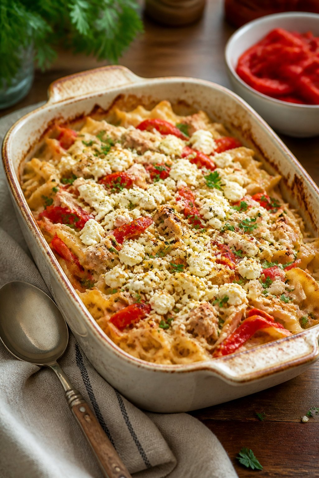 25 Tuna Noodle Casseroles for Busy Weeknights 16 A baked tuna noodle casserole with roasted red peppers and feta cheese in a ceramic dish on a wooden table.