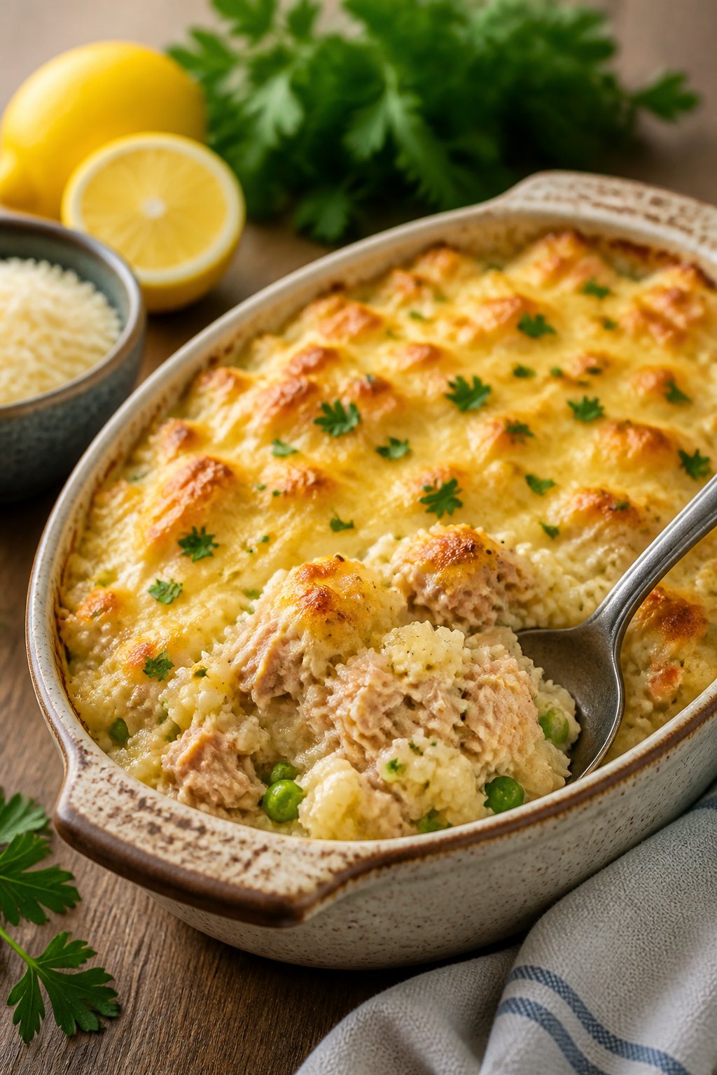 25 Tuna Noodle Casseroles for Busy Weeknights 17 A tuna noodle casserole made with cauliflower rice in a ceramic baking dish on a wooden table, with fresh herbs and lemon nearby.