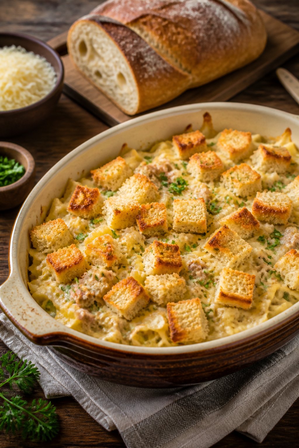 25 Tuna Noodle Casseroles for Busy Weeknights 18 A baked tuna noodle casserole topped with crispy sourdough croutons in a ceramic dish on a wooden table with fresh bread and cheese nearby.