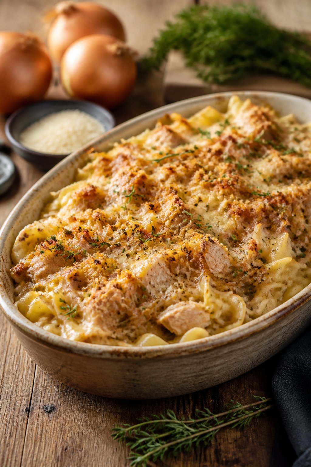 25 Tuna Noodle Casseroles for Busy Weeknights 19 A baked tuna noodle casserole topped with caramelized onions and thyme in a ceramic dish on a wooden table.