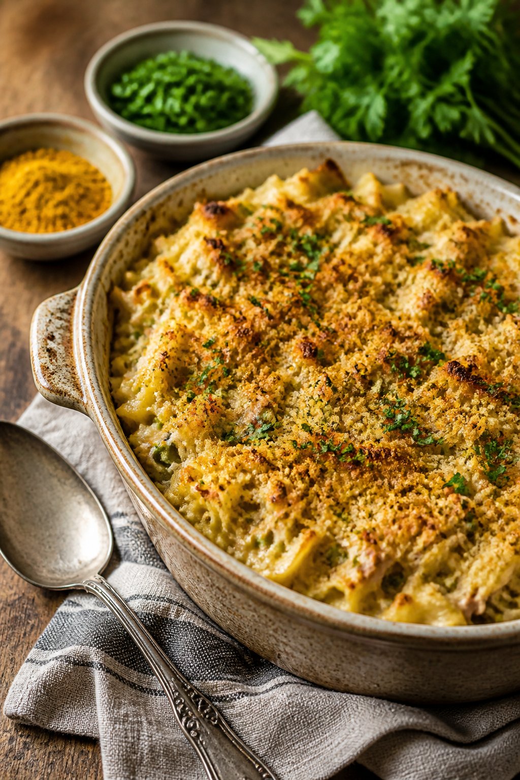 25 Tuna Noodle Casseroles for Busy Weeknights 20 A baked tuna noodle casserole in a ceramic dish garnished with fresh parsley on a wooden table with small bowls of spices nearby.