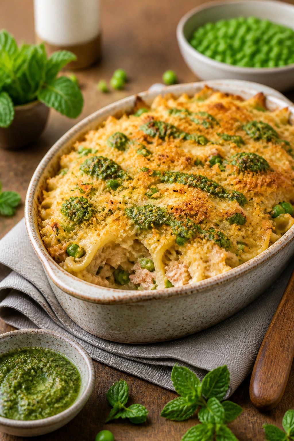 25 Tuna Noodle Casseroles for Busy Weeknights 21 A baked tuna noodle casserole with peas and green pesto in a ceramic dish on a wooden table with fresh ingredients around it.