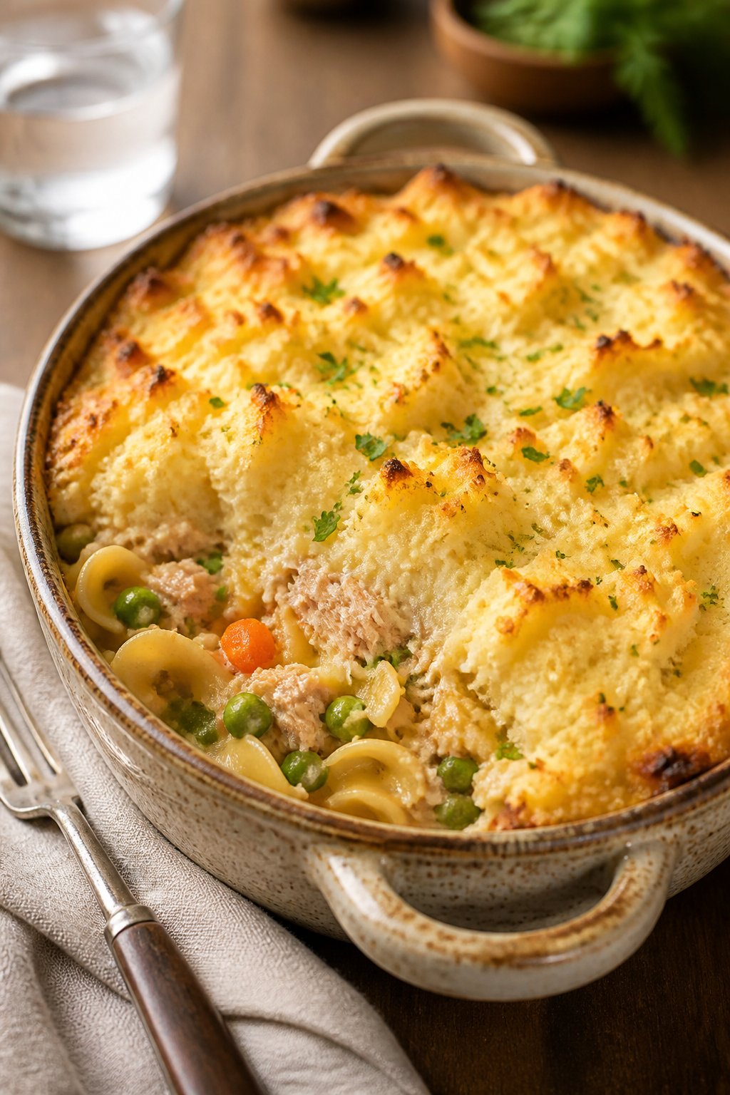 25 Tuna Noodle Casseroles for Busy Weeknights 22 A baked tuna noodle casserole topped with mashed potatoes in a ceramic dish on a wooden table.