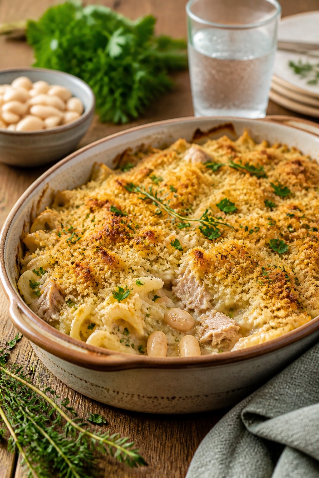 25 Tuna Noodle Casseroles for Busy Weeknights 23 A baked tuna noodle casserole with a golden crust in a ceramic dish on a wooden table, garnished with fresh herbs.