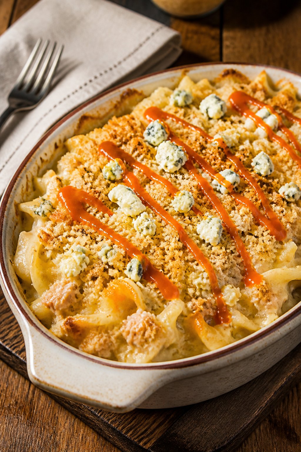 25 Tuna Noodle Casseroles for Busy Weeknights 24 A baked tuna noodle casserole with buffalo hot sauce and blue cheese in a ceramic dish on a wooden table.