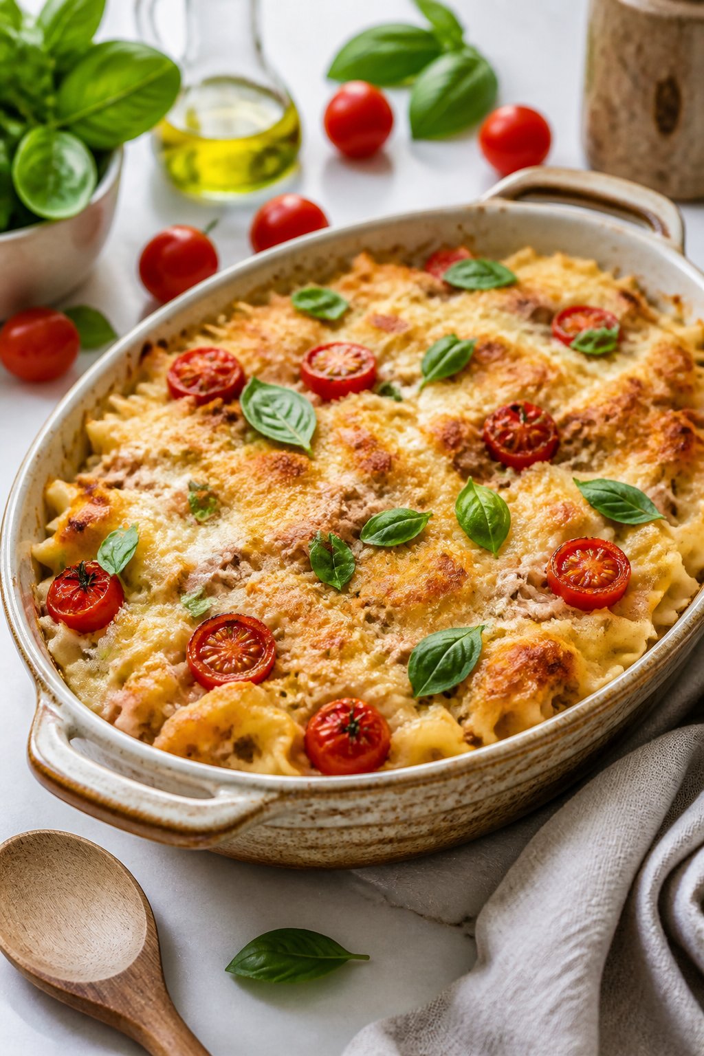 25 Tuna Noodle Casseroles for Busy Weeknights 25 A baked tuna noodle casserole with roasted cherry tomatoes and fresh basil on a kitchen table.