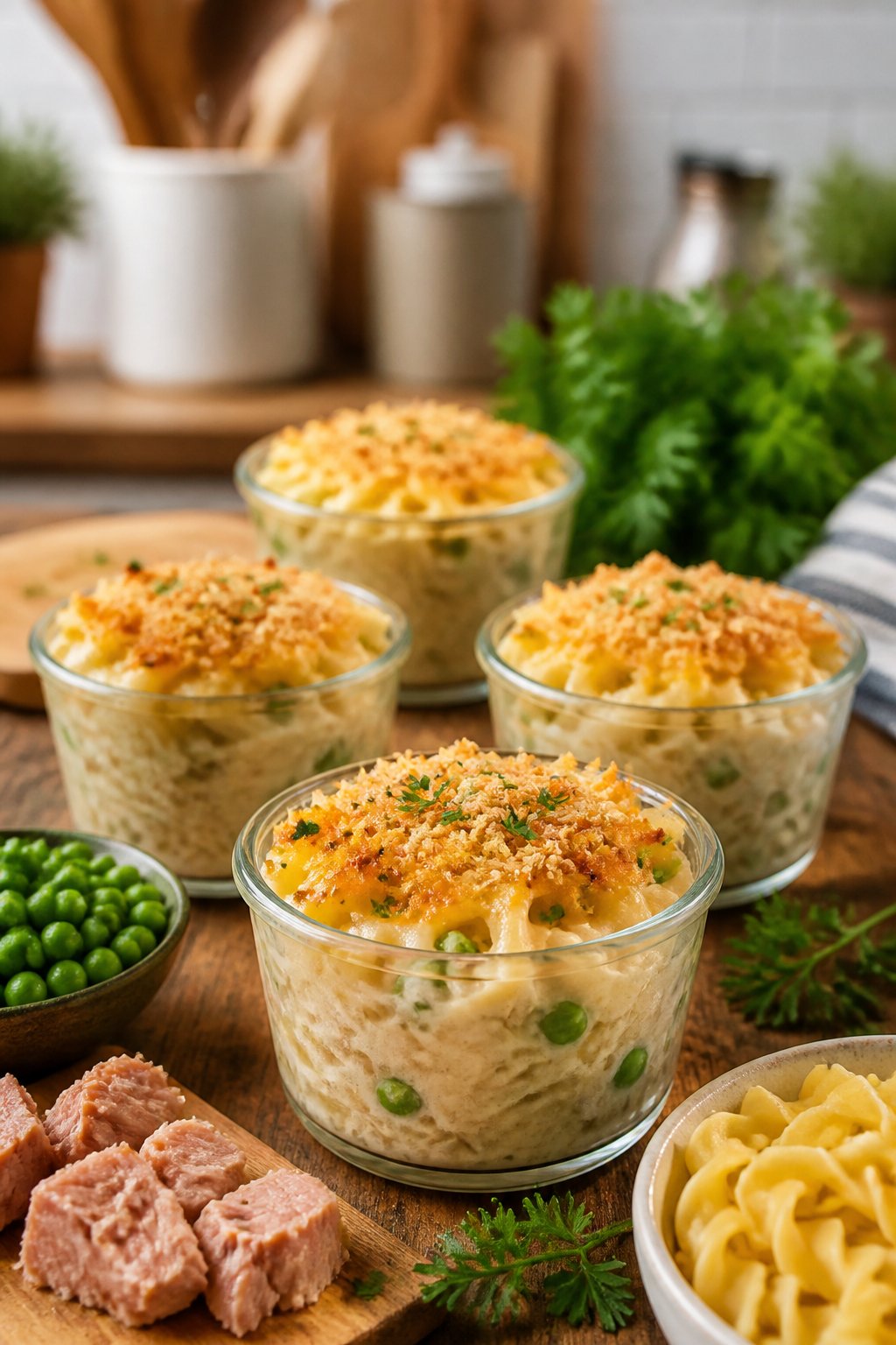 25 Tuna Noodle Casseroles for Busy Weeknights 26 Single-serve tuna noodle casserole cups on a wooden table with fresh ingredients around them.