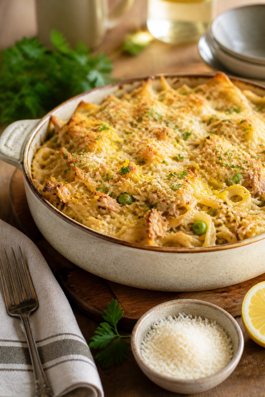 25 Tuna Noodle Casseroles for Busy Weeknights 27 A baked tuna noodle casserole topped with melted cheese and lemon zest in a ceramic dish on a wooden table with a lemon half and Parmesan cheese nearby.