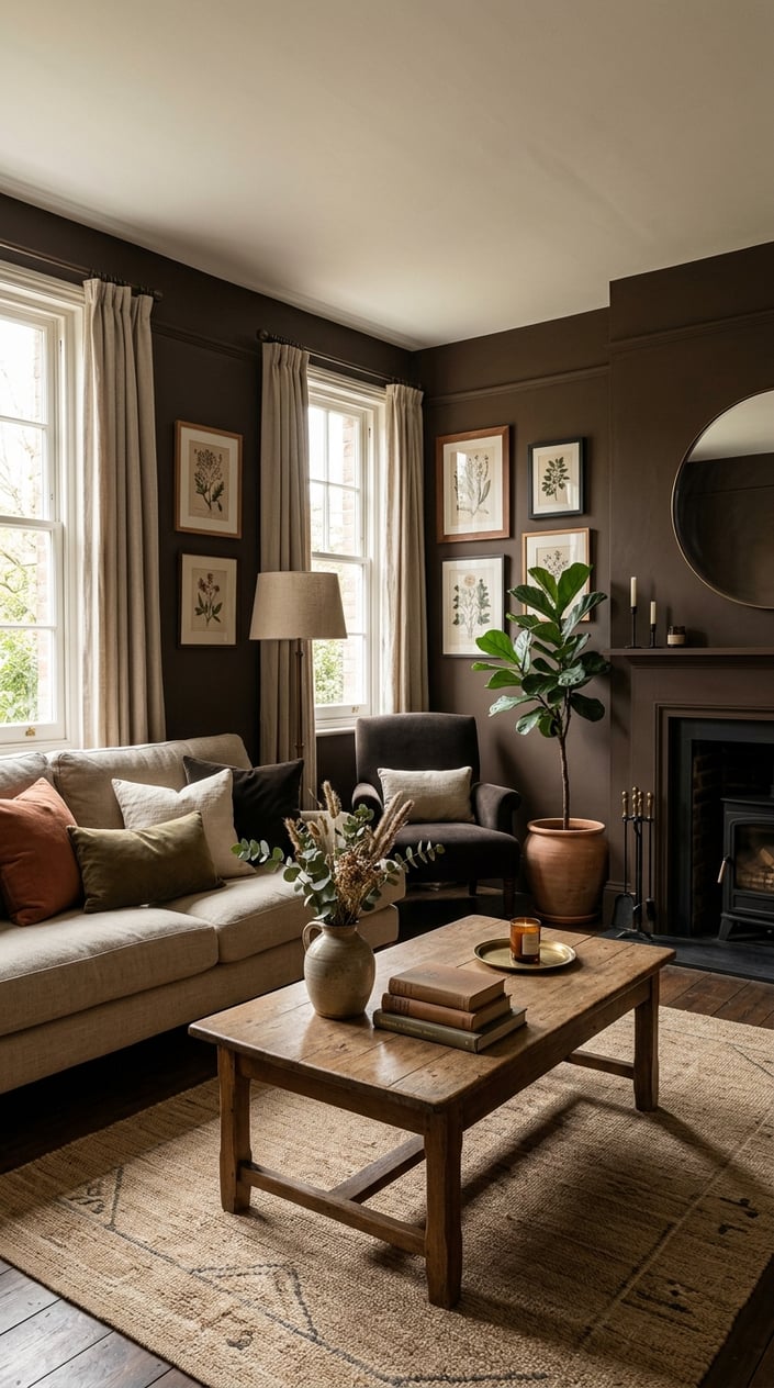 A living room with dark brown walls, comfortable seating, a wooden coffee table, plants, and soft lighting creating a warm and inviting atmosphere.