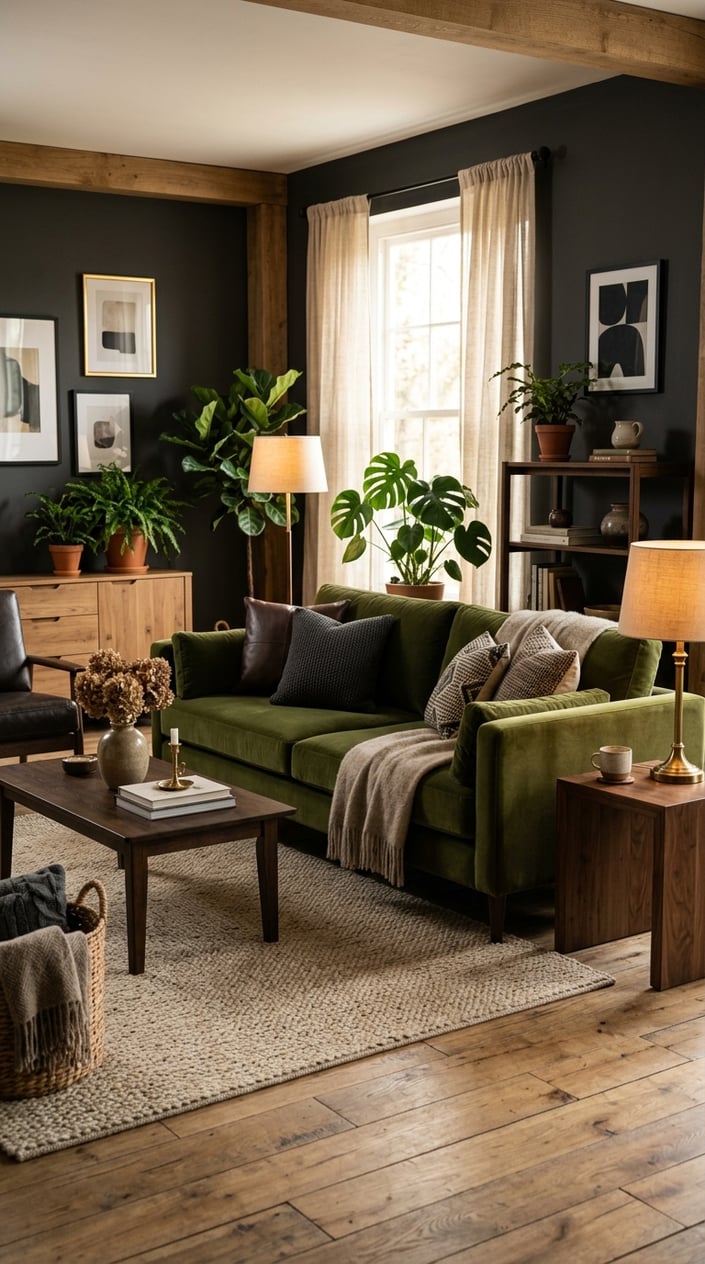 Living room with a deep olive green velvet sofa, wooden furniture, dark walls, plants, and warm lighting.