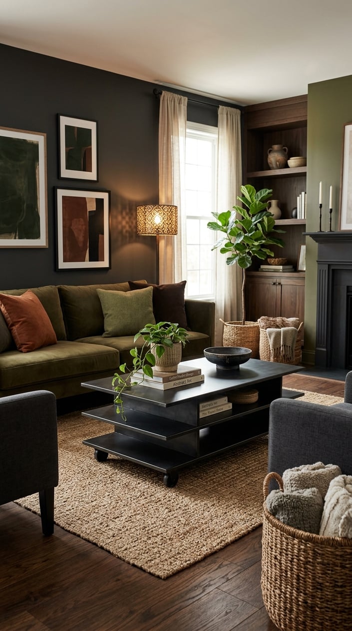 A living room with a blackened steel coffee table surrounded by dark-toned sofas and earthy decor, featuring plants and textured materials.