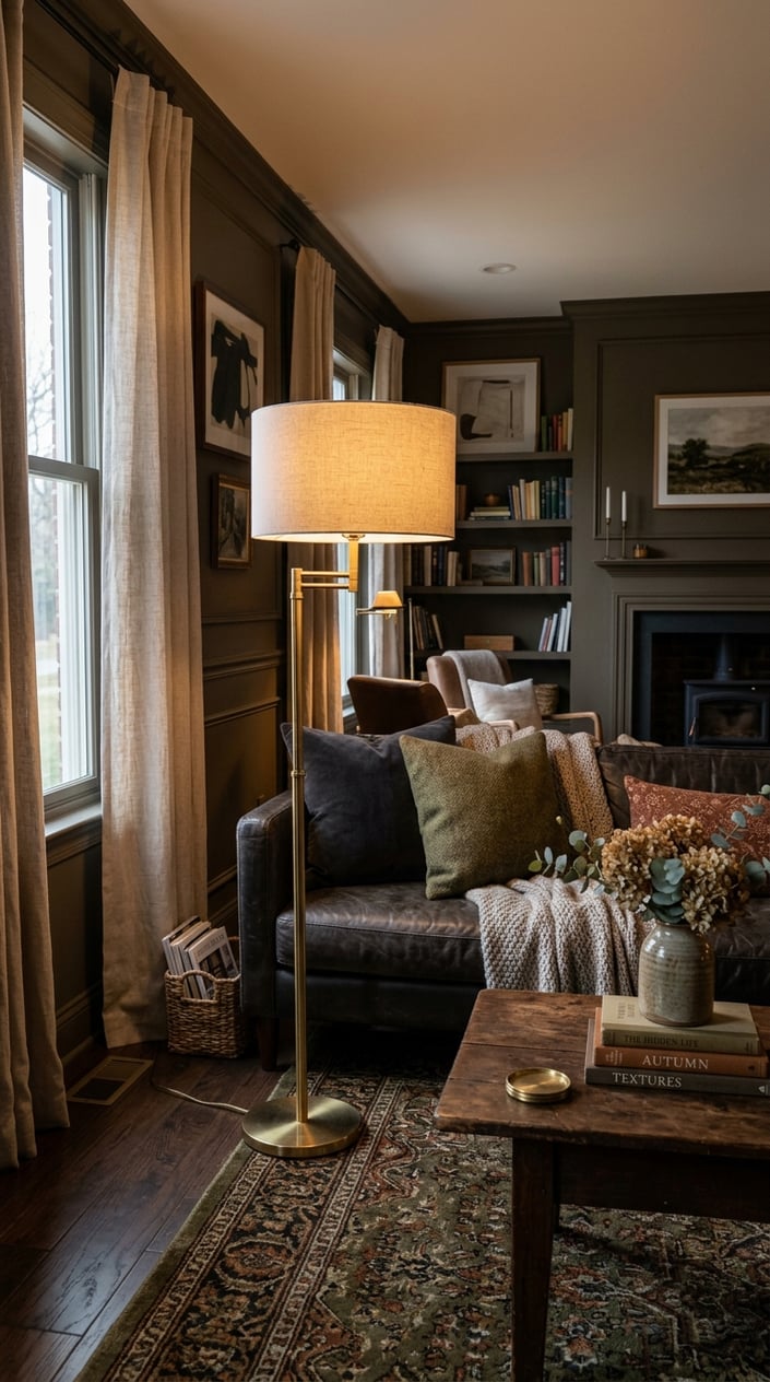 A cozy living room with a dark sofa, warm lighting from a brass floor lamp, and earthy-toned decor.