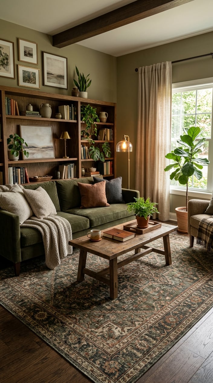 A living room with a dark olive green sofa, a patterned olive and charcoal rug, wooden coffee table, plants, and warm lighting.