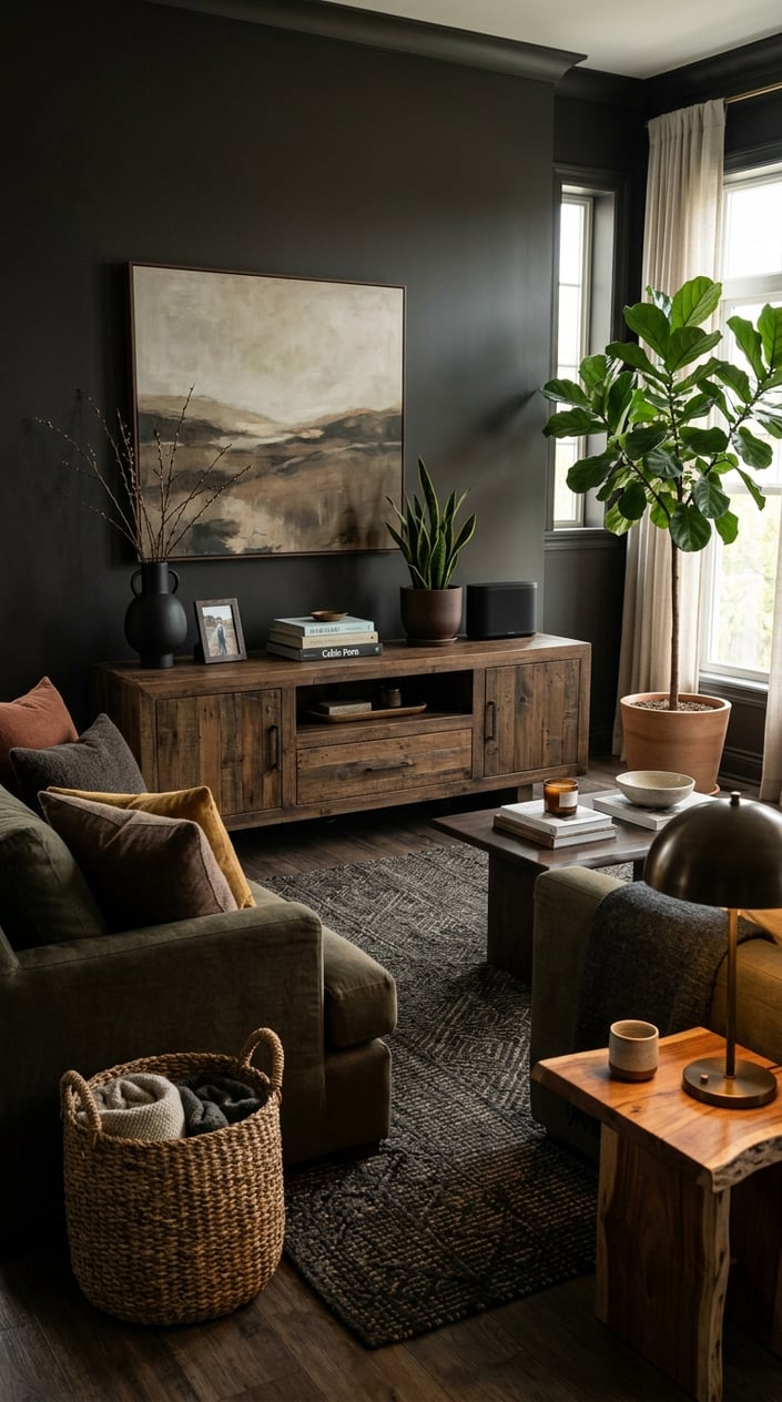 A dark living room with a wooden media console, sofa with cushions, plants, and warm ambient lighting.