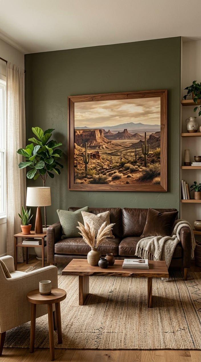 Living room with a large desert landscape artwork in walnut frames hanging on the wall above a dark brown sofa, surrounded by earthy toned decor and natural light.