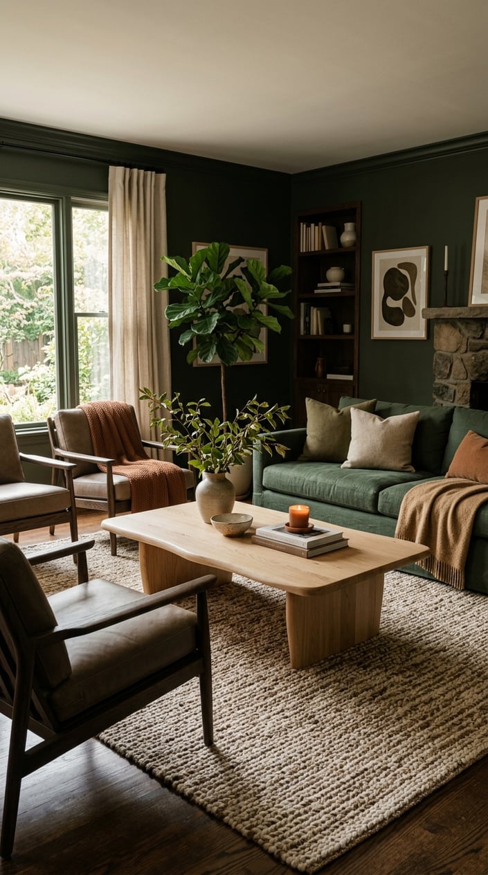 A living room with a wooden coffee table surrounded by seating, plants, and warm decorative elements.