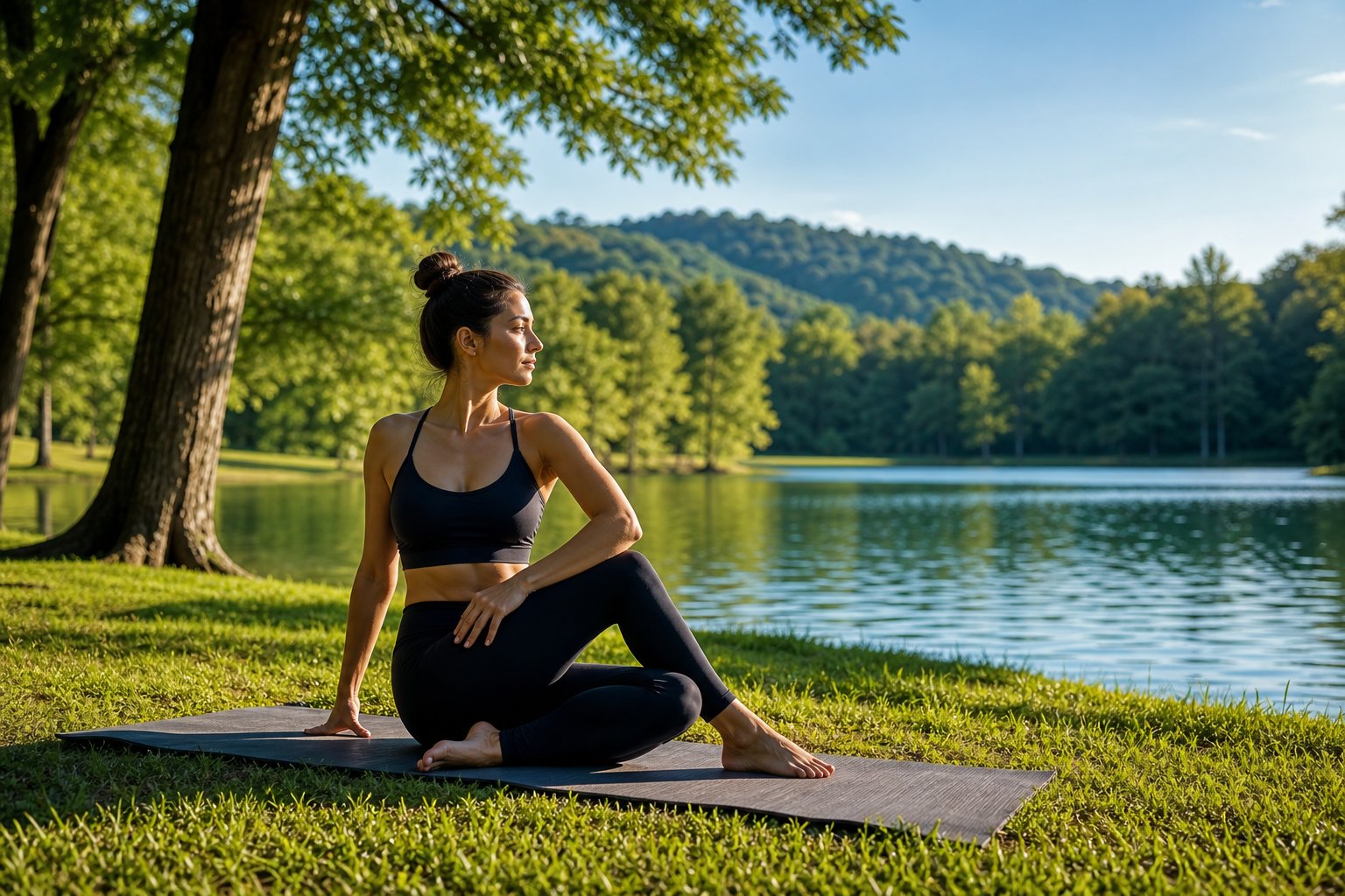 A person practicing yoga alone on a mat in a green park near a calm pond with trees and hills in the background.